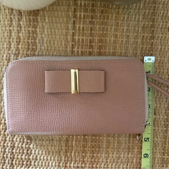 CHLOE Pink Leather Pink&Gold Ribbon Bow Zip Around Clutch Wallet w/Dust Bag &Box - Picture 11 of 14